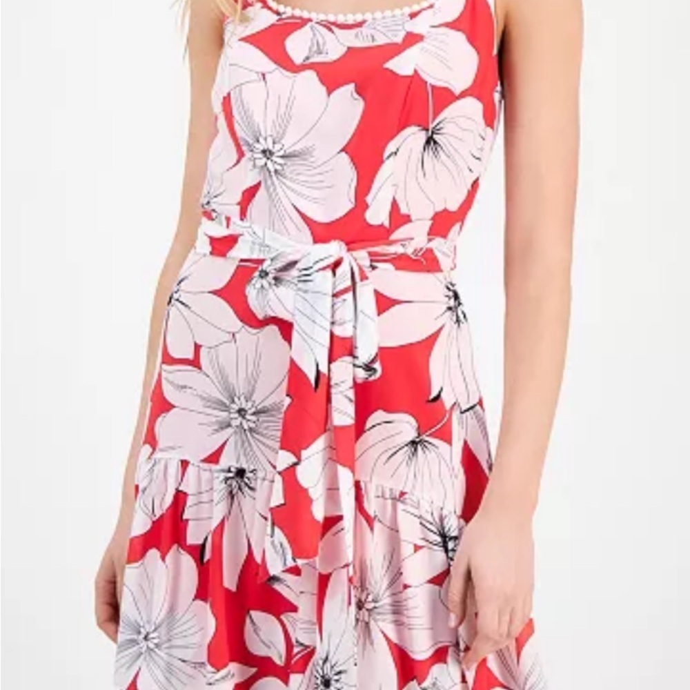 Anne Klein New With Tag Red and White Floral High Low Dress Size 14 - Picture 2 of 11